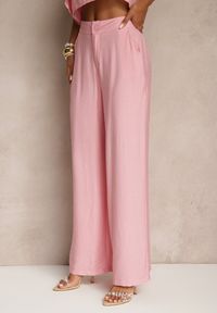 Renee - Różowy Komplet z Wiskozą Top z Falbanką na Jedno Ramię i Spodnie Wide Leg Nirellea. Kolor: różowy. Materiał: wiskoza #3