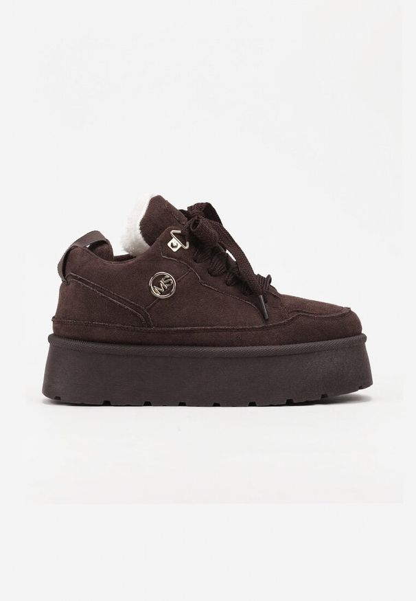 Born2be - Brązowe Sneakersy z Imitacji Zamszu na Platformie Ocieplane Futrem Sennalia. Okazja: na co dzień. Kolor: brązowy. Materiał: zamsz, futro. Obcas: na platformie