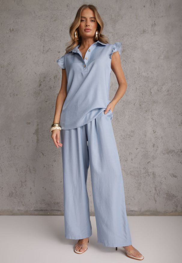 Renee - Jasnoniebieski Komplet z Wiskozą Bluzka z Kołnierzem i Spodnie Wide Leg Naunne. Kolekcja: plus size. Kolor: niebieski. Materiał: wiskoza. Wzór: gładki