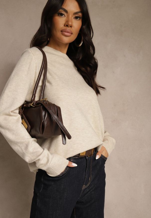 Renee - Beżowy Klasyczny Sweter z Wełną i Bawełną Bez Zdobień Neandia. Kolor: beżowy. Materiał: bawełna, wełna. Wzór: aplikacja. Styl: klasyczny