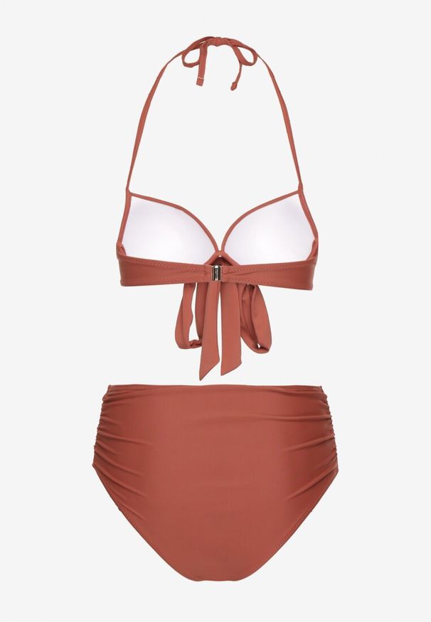 Renee - Jasnobrązowe Bikini Wiązany Biustonosz i Majtki Typu Figi Fevarelia. Stan: podwyższony. Kolor: brązowy. Wzór: haft