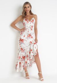 Born2be - Biała Sukienka Maxi na Cienkich Ramiączkach z Asymetrycznym Dołem Nylas. Okazja: na ślub cywilny, na wesele. Kolor: biały. Materiał: tkanina. Długość rękawa: na ramiączkach. Wzór: kwiaty. Typ sukienki: asymetryczne. Długość: maxi #1