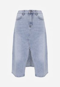 Renee - Niebieska Spódnica Jeansowa z Bawełną High Waist i Rozcięciem na Nogę Cinadessa. Okazja: na spacer, na co dzień. Stan: podwyższony. Kolor: niebieski. Materiał: bawełna, jeans. Styl: casual #2