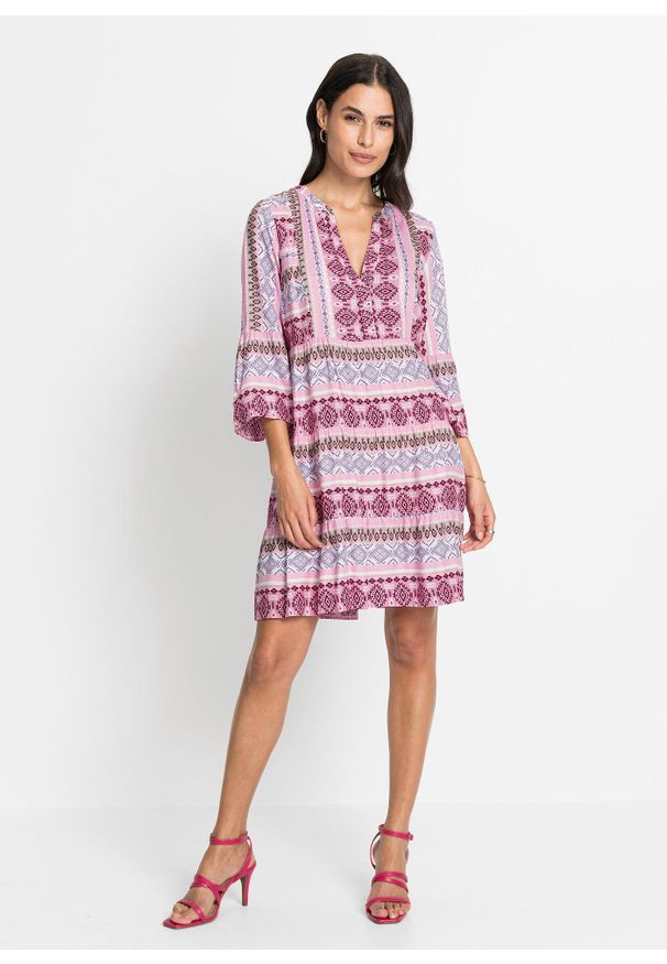 bonprix - Sukienka tunikowa z lejącej wiskozy. Kolor: różowy. Materiał: wiskoza