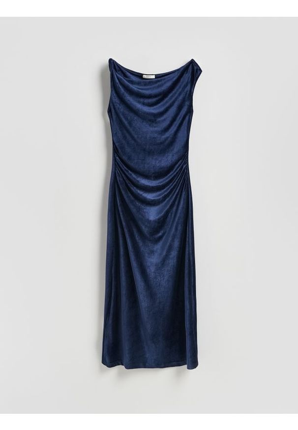 Reserved - Welurowa sukienka maxi - granatowy. Kolor: niebieski. Materiał: welur. Typ sukienki: proste. Długość: maxi