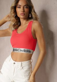 Renee - Czerwony Top Sportowy Biustonosz Elastyczny Prążkowany z Ozdobną Gumą Waslema. Kolor: czerwony. Materiał: guma, prążkowany. Styl: sportowy