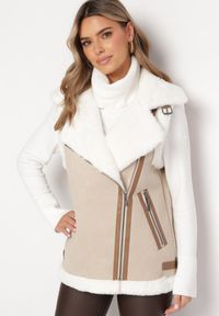 Born2be - Beżowa Kamizelka Bezrękawnik w Stylu Biker z Ekozamszu z Futerkiem Terone. Kolor: beżowy. Materiał: futro. Długość rękawa: bez rękawów. Wzór: aplikacja #6