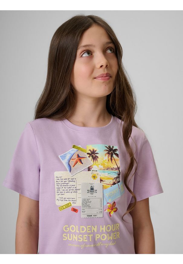 4f - 4F T-shirt regular z nadrukiem dziewczęcy - fioletowy 164 (13-14 lat). Okazja: na co dzień. Kolor: fioletowy. Materiał: materiał, bawełna, dzianina. Wzór: nadruk. Sezon: lato. Styl: klasyczny, casual
