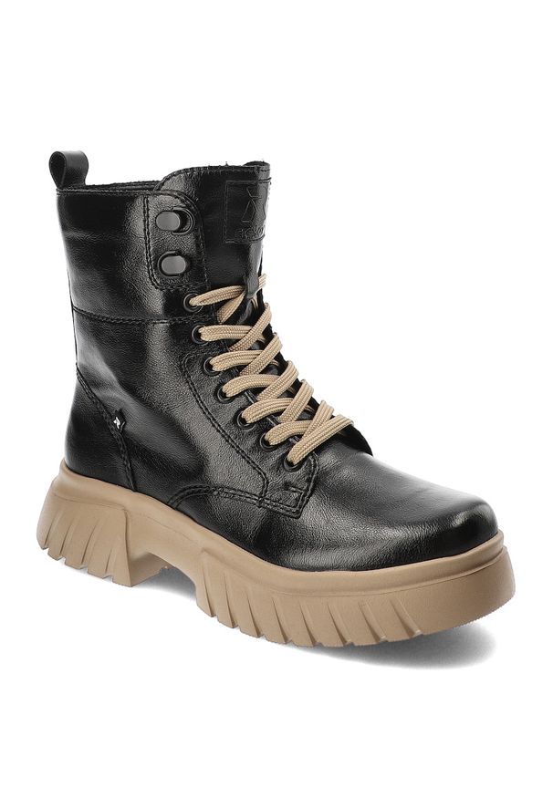 Czarne Botki Rieker Modne Ocieplane Obuwie Damskie. Okazja: na co dzień. Zapięcie: sznurówki. Kolor: czarny. Materiał: skóra ekologiczna, materiał. Styl: casual, elegancki