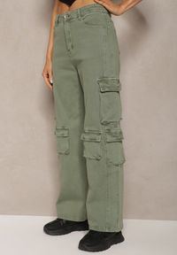 Renee - Zielone Spodnie Typu Bojówki z Bawełny High Waist z Kieszeniami Zefara. Stan: podwyższony. Kolor: zielony. Materiał: bawełna
