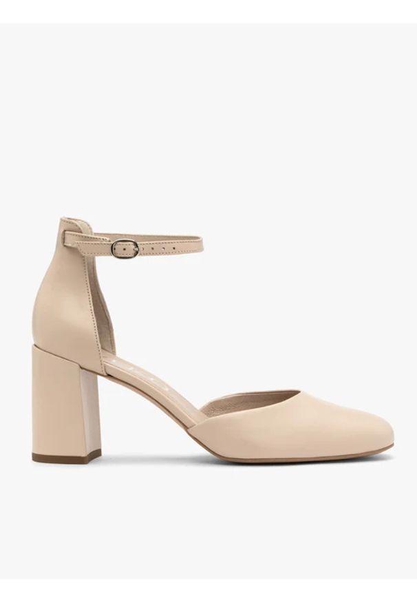 Ryłko - Beżowe czółenka z paskiem wokół kostki. Zapięcie: pasek. Kolor: beżowy. Materiał: skóra. Obcas: na obcasie. Styl: street. Wysokość obcasa: średni