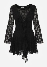 Born2be - Czarna Koronkowa Sukienka z Falbankami i Wiązaniem przy Dekolcie Delanatea. Okazja: na co dzień. Typ kołnierza: kołnierz z falbankami. Kolor: czarny. Materiał: koronka. Sezon: wiosna, lato. Styl: casual, elegancki #4
