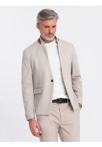 Ombre Clothing - Melanżowa męska marynarka z dodatkiem rayonu ze stójką – beżowy melanż V3 - Rozmiar: M. Okazja: na co dzień. Typ kołnierza: kołnierzyk stójkowy. Kolor: beżowy. Materiał: poliester, tkanina, skóra, zamsz, materiał. Wzór: melanż. Styl: casual, klasyczny