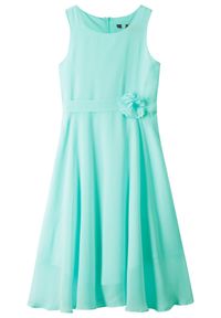 bonprix - Sukienka z kwiatową aplikacją. Kolor: zielony. Materiał: satyna. Wzór: aplikacja, kwiaty. Sezon: lato #1