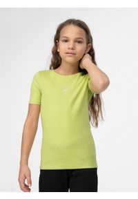 4f - T-shirt w prążki dziewczęcy. Kolor: zielony. Materiał: bawełna. Wzór: prążki #1