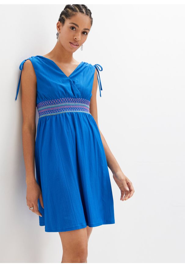 bonprix - Sukienka z przeszyciem cienkimi gumkami. Kolor: niebieski