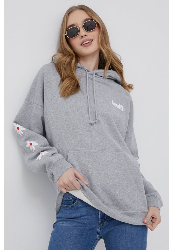 Levi's® - Levi's bluza bawełniana damska kolor szary z kapturem melanżowa. Okazja: na spotkanie biznesowe. Typ kołnierza: kaptur. Kolor: szary. Materiał: bawełna. Długość rękawa: długi rękaw. Długość: długie. Wzór: melanż. Styl: biznesowy
