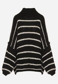 Born2be - Czarny Golf Oversize w Paski z Domieszką Wełny i Wiskozy Nexeia. Okazja: na co dzień. Typ kołnierza: golf. Kolor: czarny. Materiał: wełna, wiskoza. Wzór: paski. Styl: klasyczny, casual, elegancki #6