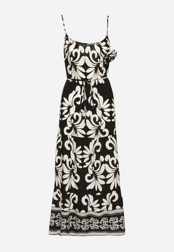 Born2be - Czarno-Biała Wiskozowa Sukienka na Ramiączkach z Wiązaniem i Broszką Marizena. Okazja: na spacer, na co dzień. Typ kołnierza: dekolt kwadratowy. Kolor: czarny. Materiał: wiskoza. Długość rękawa: na ramiączkach. Styl: casual, elegancki