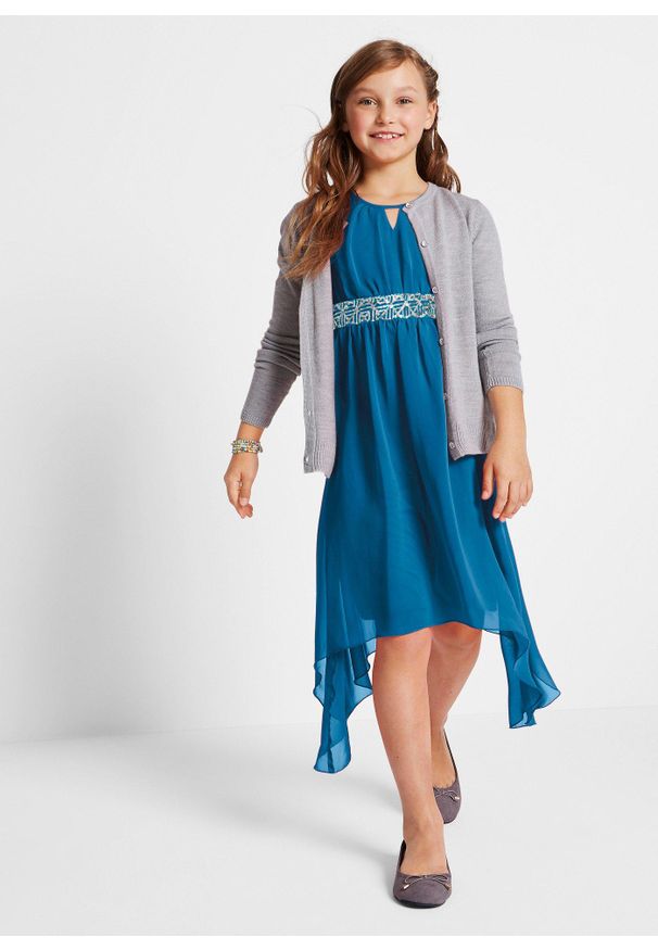 bonprix - Sukienka szyfonowa z cekinami. Typ kołnierza: dekolt w serek. Kolor: niebieski. Materiał: szyfon. Długość rękawa: bez rękawów. Typ sukienki: asymetryczne