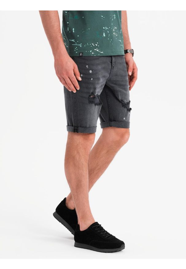 Ombre Clothing - Męskie krótkie spodenki jeansowe z przetarciami i podwiniętą nogawką – szare V3 OM-SRDS-0186 - XXL. Okazja: na co dzień. Kolor: szary. Materiał: jeans. Długość: krótkie. Wzór: aplikacja. Sezon: lato. Styl: casual