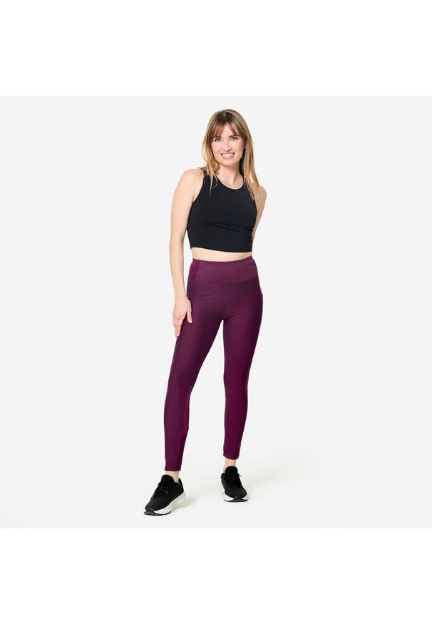 DOMYOS - Legginsy fitness damskie Domyos. Stan: podwyższony. Kolor: fioletowy. Materiał: elastan, poliester, materiał. Sport: fitness