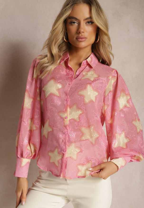 Renee - Różowa Transparentna Koszula w Gwiazdy z Luźnymi Rękawami Aicinema. Kolor: różowy