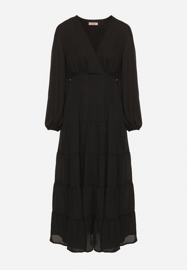 Born2be - Czarna Rozkloszowana Sukienka Vices z Kopertowym Dekoltem Reslosa. Okazja: na co dzień. Typ kołnierza: dekolt w serek. Kolor: czarny. Materiał: jeans, poliester. Typ sukienki: kopertowe. Styl: casual