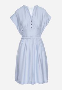 Born2be - Niebieska Sukienka z Wiskozy o Rozkloszowanym Kroju z Paskiem Sepina. Okazja: na co dzień. Typ kołnierza: dekolt w serek. Kolor: niebieski. Materiał: wiskoza. Długość rękawa: krótki rękaw. Wzór: aplikacja. Sezon: lato. Styl: elegancki, casual, klasyczny #6