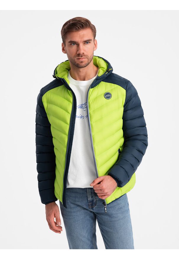 Ombre Clothing - Nylonowa dwukolorowa pikowana kurtka męska w stylu sportowym – limonkowa V4 - Rozmiar: M. Materiał: nylon. Wzór: aplikacja. Styl: sportowy