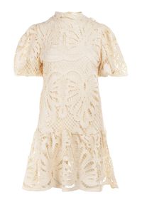 Born2be - Jasnobeżowa Sukienka Cilleis. Typ kołnierza: kołnierzyk stójkowy. Kolor: beżowy. Materiał: koronka. Wzór: ażurowy, aplikacja, koronka. Styl: elegancki. Długość: mini #6