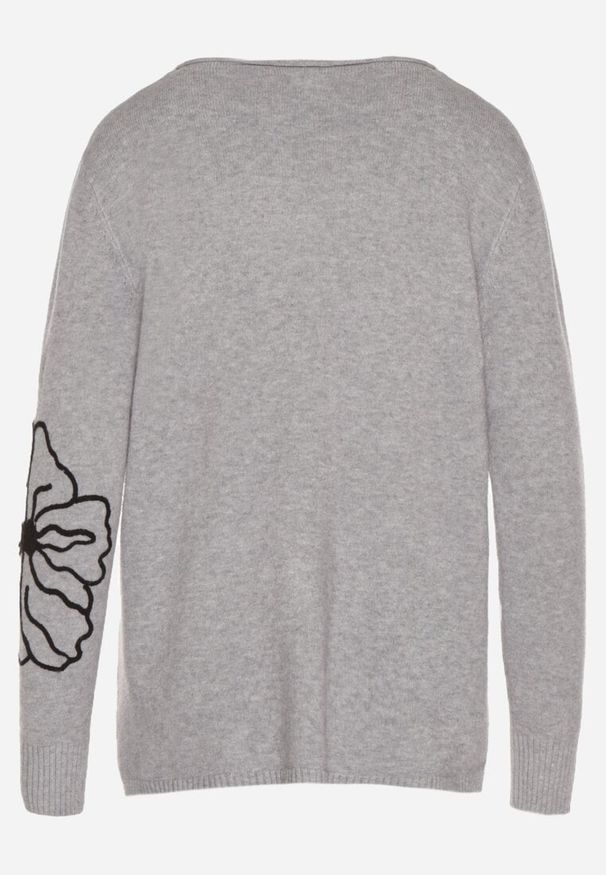 Born2be - Szary Sweter Ozdobiony Haftowanymi Kwiatami Halatusea. Okazja: na co dzień. Kolor: szary. Materiał: jeans. Wzór: aplikacja, haft, kwiaty. Styl: casual, klasyczny