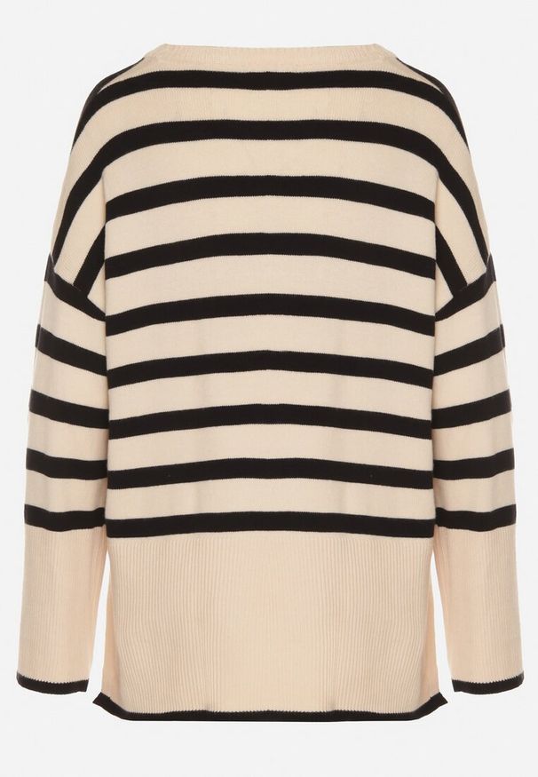 Born2be - Czarno-Kremowy Sweter o Kroju Oversize z Motywem Pasków Irtusa. Okazja: na co dzień. Kolor: czarny. Materiał: jeans. Styl: casual