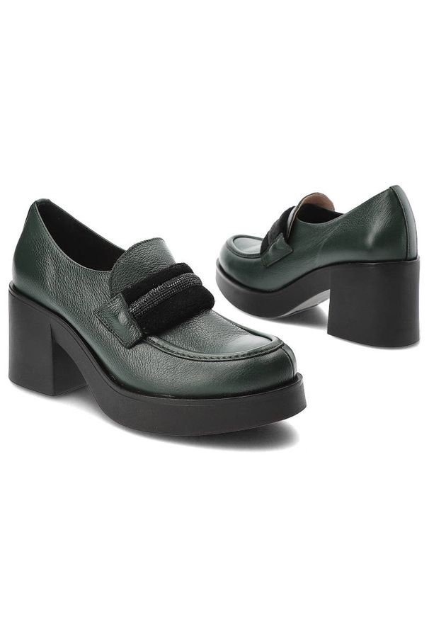 Zielone Półbuty Lemar Wygodne Skórzane Buty na Jesień. Zapięcie: pasek. Kolor: zielony. Materiał: skóra. Sezon: jesień. Obcas: na obcasie. Styl: elegancki. Wysokość obcasa: średni