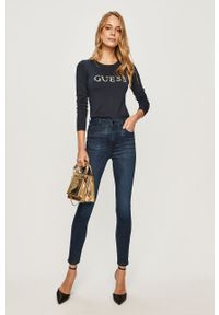 Guess Jeans - Sweter. Kolor: niebieski. Materiał: jeans. Długość rękawa: długi rękaw. Długość: długie. Wzór: aplikacja #5