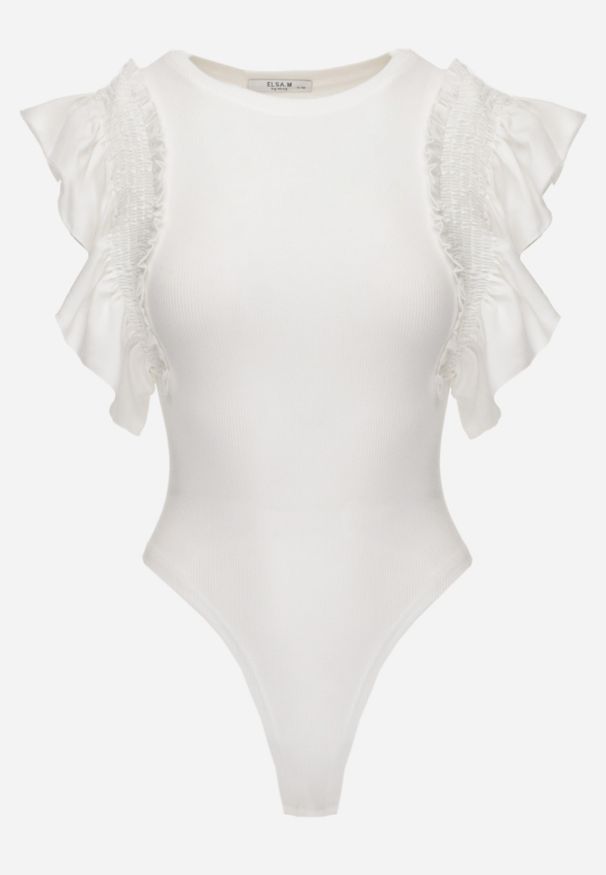 Renee - Białe Eleganckie Body z Bawełny z Zapięciem na Napy Wykończone Falbankami Iilines. Okazja: na co dzień, do pracy. Typ kołnierza: kołnierz z falbankami. Kolor: biały. Materiał: bawełna. Długość rękawa: krótki rękaw. Długość: krótkie. Styl: elegancki