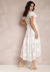 Renee - Biała Sukienka Meniphoche. Kolor: biały. Materiał: materiał, koronka. Długość rękawa: krótki rękaw. Wzór: aplikacja. Styl: elegancki. Długość: midi #4