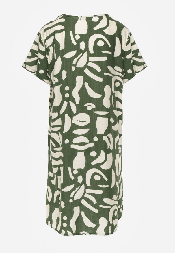 Born2be - Zielona Pudełkowa Sukienka z Wiskozy z Dekoltem w Serek w Abstrakcyjny Wzór Cresom. Okazja: na co dzień. Typ kołnierza: dekolt w serek. Kolekcja: plus size. Kolor: zielony. Materiał: wiskoza. Sezon: lato. Typ sukienki: proste, dla puszystych. Styl: casual