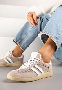 Born2be - Beżowe Skórzane Sneakersy w Stylu Klasycznych Tenisówek z Siateczką alirea. Okazja: na co dzień. Nosek buta: okrągły. Kolor: beżowy. Materiał: skóra #5