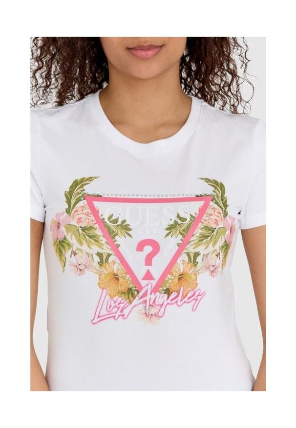 Guess - GUESS Biały t-shirt damski z logo z kwiatami i dżetami slim fit, Rozmiar S. Kolor: biały. Materiał: bawełna. Wzór: kwiaty