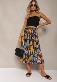 Renee - Czarno-Pomarańczowe Spodnie Szwedy z Bawełną High Waist Wykończone Gumką w Talii Pasefia. Okazja: do pracy, na co dzień. Stan: podwyższony. Kolor: czarny. Materiał: bawełna. Styl: casual, elegancki
