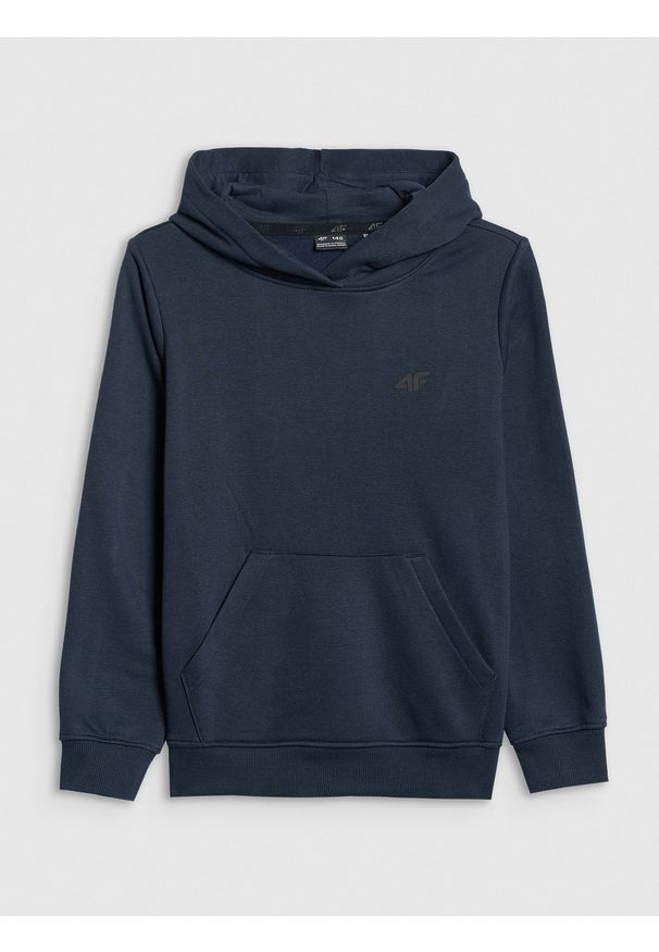 4f - 4F Bluza dresowa nierozpinana z kapturem chłopięca - granatowa 146 (10-11 lat). Okazja: na co dzień. Typ kołnierza: kaptur. Kolor: niebieski. Materiał: dresówka. Wzór: gładki, ze splotem, nadruk. Sezon: lato. Styl: casual, sportowy