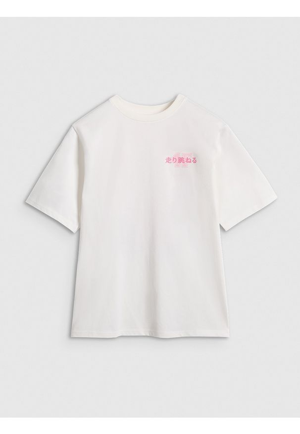 4f - 4F T-shirt oversize z nadrukiem dziewczęcy - biały 122 (6-7 lat). Kolor: biały. Wzór: nadruk. Sezon: lato