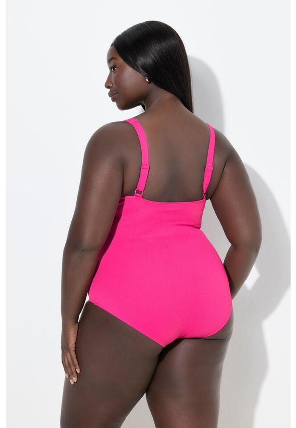 ULLA POPKEN - Damski Strój kąpielowy drapowanie drobna faktura miękkie miseczki. Kolekcja: plus size. Kolor: różowy. Materiał: poliamid, poliester, materiał, elastan