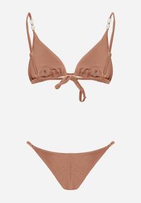 Renee - Brązowe Bikini Biustonosz z Wiązaniem na Plecach i Koralikami i Majtki Figi Sheille. Kolekcja: plus size. Kolor: brązowy. Wzór: aplikacja, haft #2