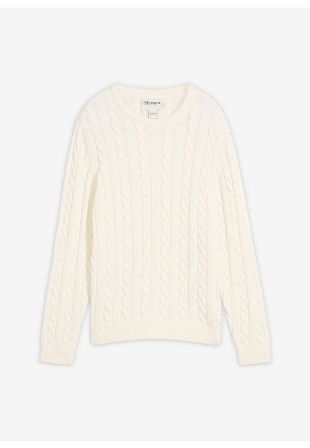 bonprix - Gruby sweter ze wzorem w warkocze, z bawełny organicznej nadającej się do recyklingu. Kolor: biały. Materiał: bawełna