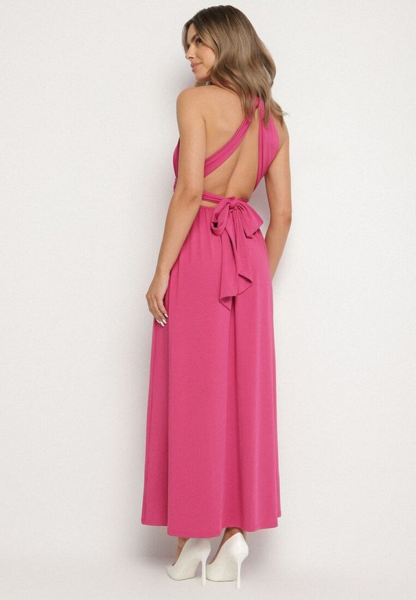 Born2be - Ciemnoróżowa Koktajlowa Sukienka Multiway z Wiskozą i Wiązaniem na Szyi Lilazza. Okazja: na imprezę. Typ kołnierza: dekolt w kształcie V. Kolor: różowy. Materiał: wiskoza. Typ sukienki: rozkloszowane. Styl: wizytowy