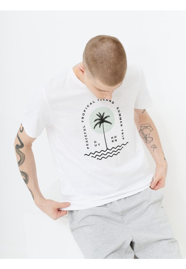 outhorn - T-shirt z nadrukiem męski. Materiał: bawełna, materiał. Wzór: nadruk. Styl: wakacyjny