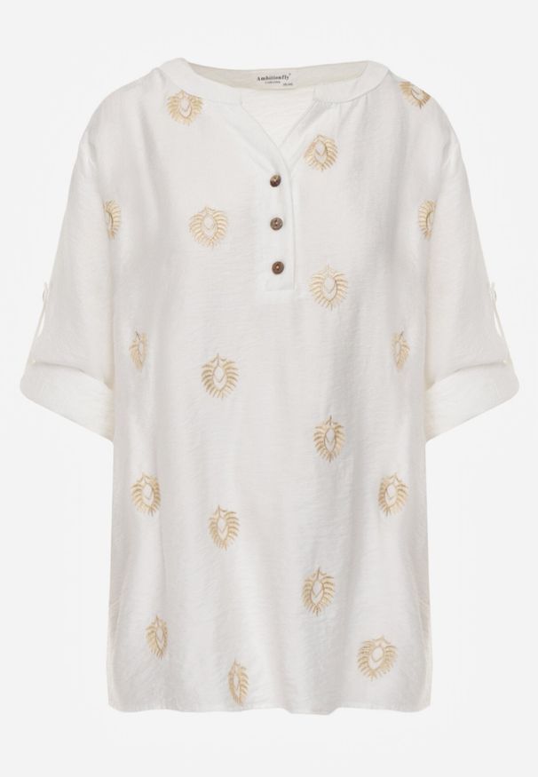 Born2be - Biała Wiskozowa Koszula Boho z Haftem i Podpinanymi Rękawami 3/4 Cheridenah. Okazja: na co dzień. Kolekcja: plus size. Kolor: biały. Materiał: wiskoza. Wzór: haft. Styl: boho