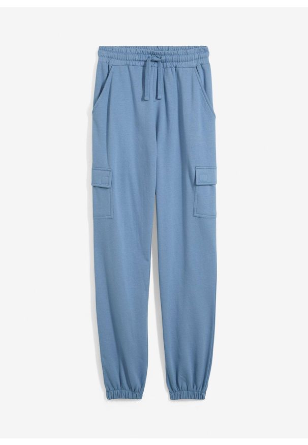bonprix - Spodnie dresowe z kieszeniami cargo. Kolor: niebieski. Materiał: dresówka